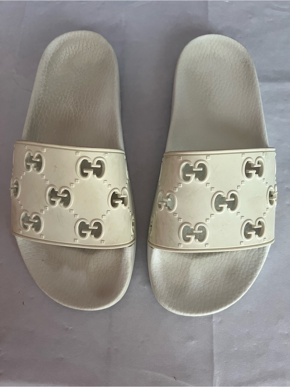 Gucci White Embossed Logo Slide Sandals
